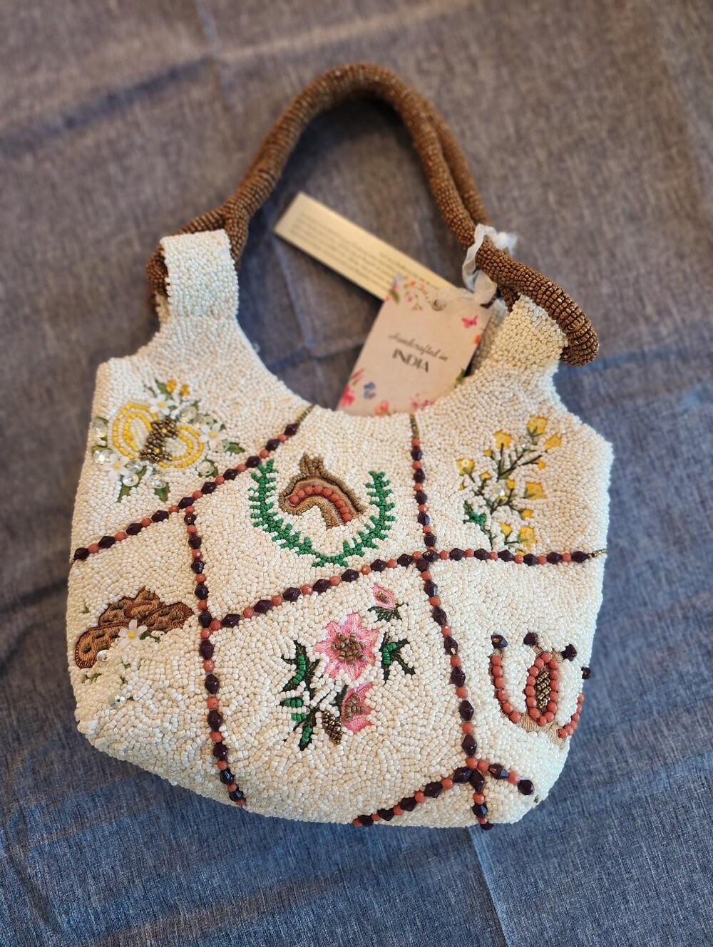 NWT Beaded Horse Equestrian Theme Floral Motif Bucket Bag